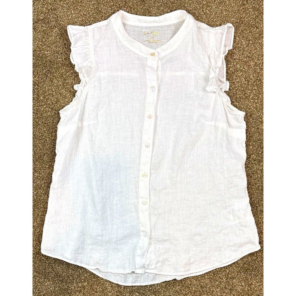 Lilly Pulitzer Blouse M White 100% Linen Ruffle Coastal Gauzy Lightweight Resort